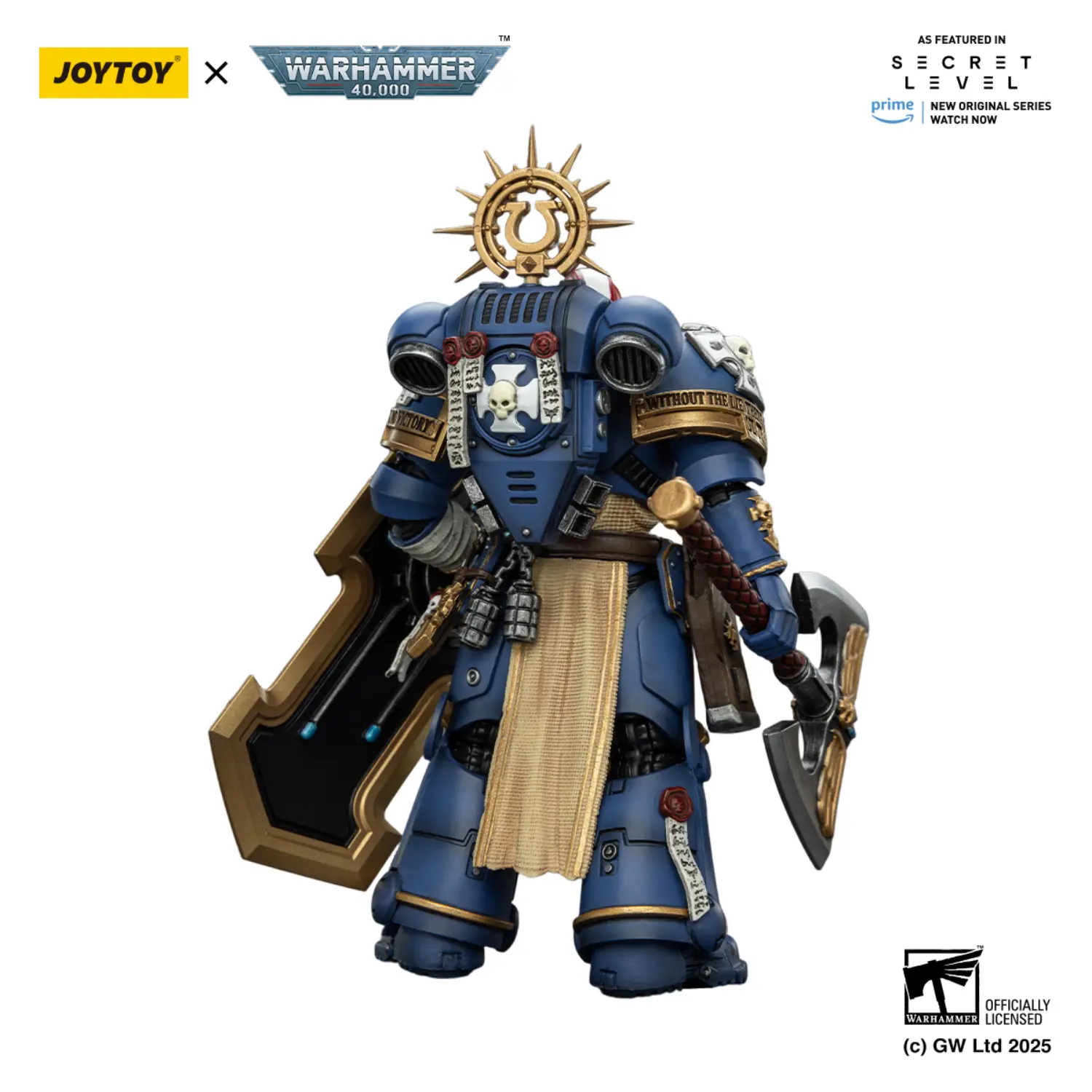 the back of Action Figure - Ultramarines Metaurus with Power Axe, Stormshield and Plasma Pistol 1 18 - JOYTOY Warhammer 40K in white background The Back Of Action Figure Ultramarines Metaurus With Power Axe, Stormshield And Plasma Pistol 1 18 Joytoy Warhammer 40k In White Background