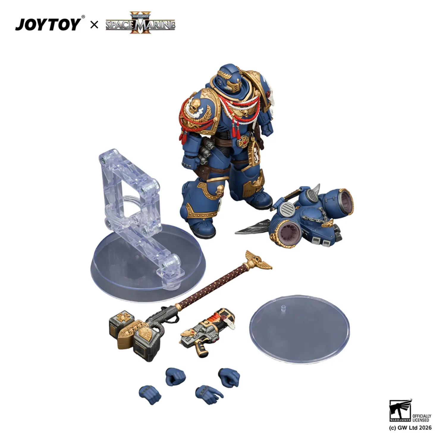 the parts of Action Figure - Game Edition Ultramarines Assault Intercessor with Jump Pack, Thunderhammer and Neo-volkite Pistol 1 18 - JOYTOY Warhammer 40K in white background The Parts Of Action Figure Game Edition Ultramarines Assault Intercessor With Jump Pack, Thunderhammer And Neo Volkite Pistol 1 18 Joytoy Warhammer 40k In White Background