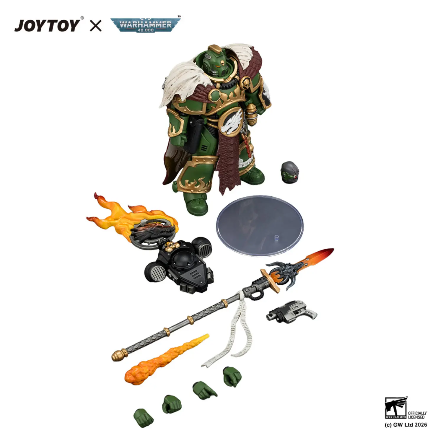 the parts of Action Figure - Salamanders Vulkan He'stan, the Forgefather with the Spear of Vulkan and the Gauntlet of the Forge 1 18 - JOYTOY Warhammer 40K in white background The Parts Of Action Figure Salamanders Vulkan He'stan, The Forgefather With The Spear Of Vulkan And The Gauntlet Of The Forge 1 18 Joytoy Warhammer 40k In White Background