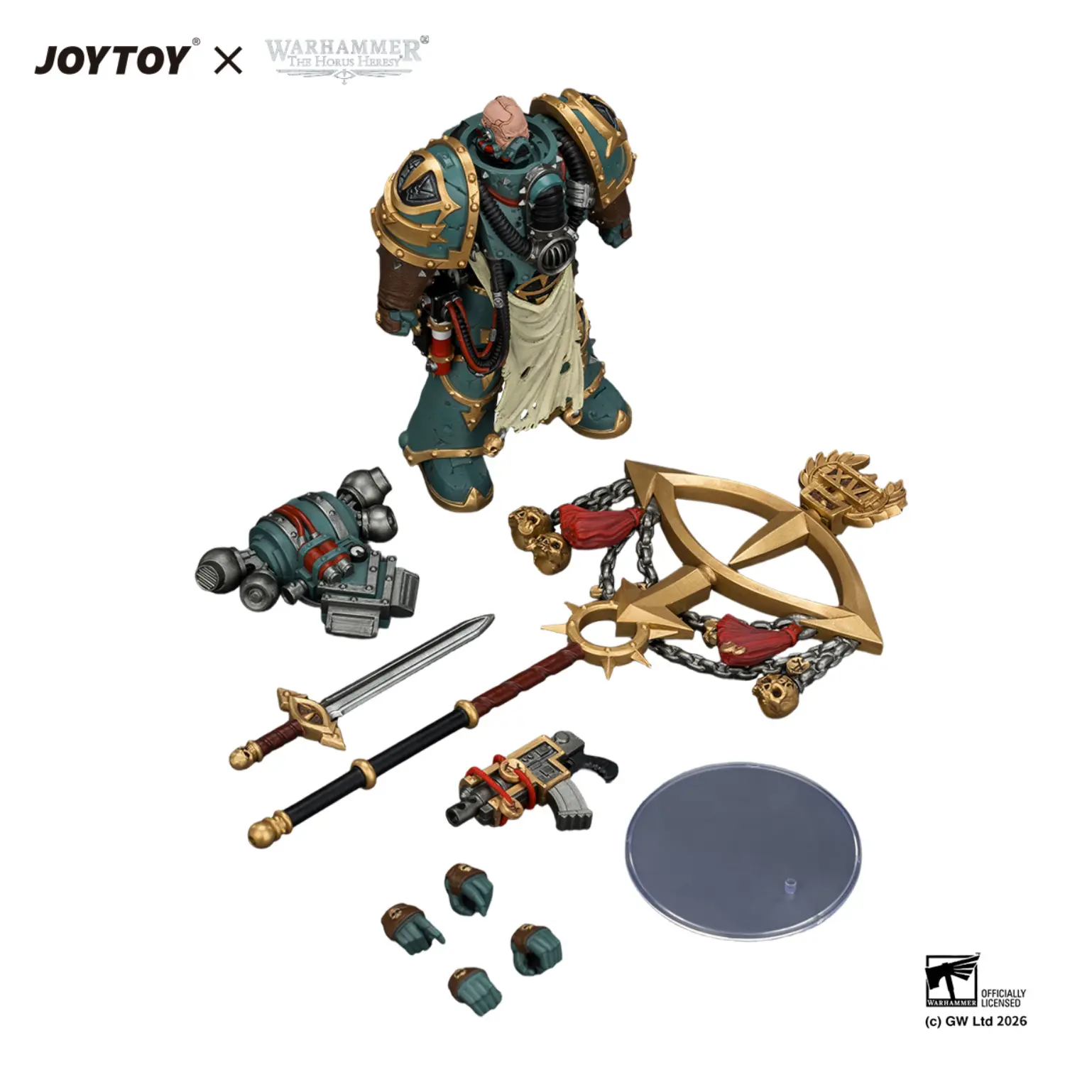 The Parts Of Action Figure Sons Of Horus Maloghurst The Twisted, The Warmaster's Equerry With Legion Standard And Banestrike Bolter 1 18 Jotyoy Warhammer The Horus Heresy In White Background