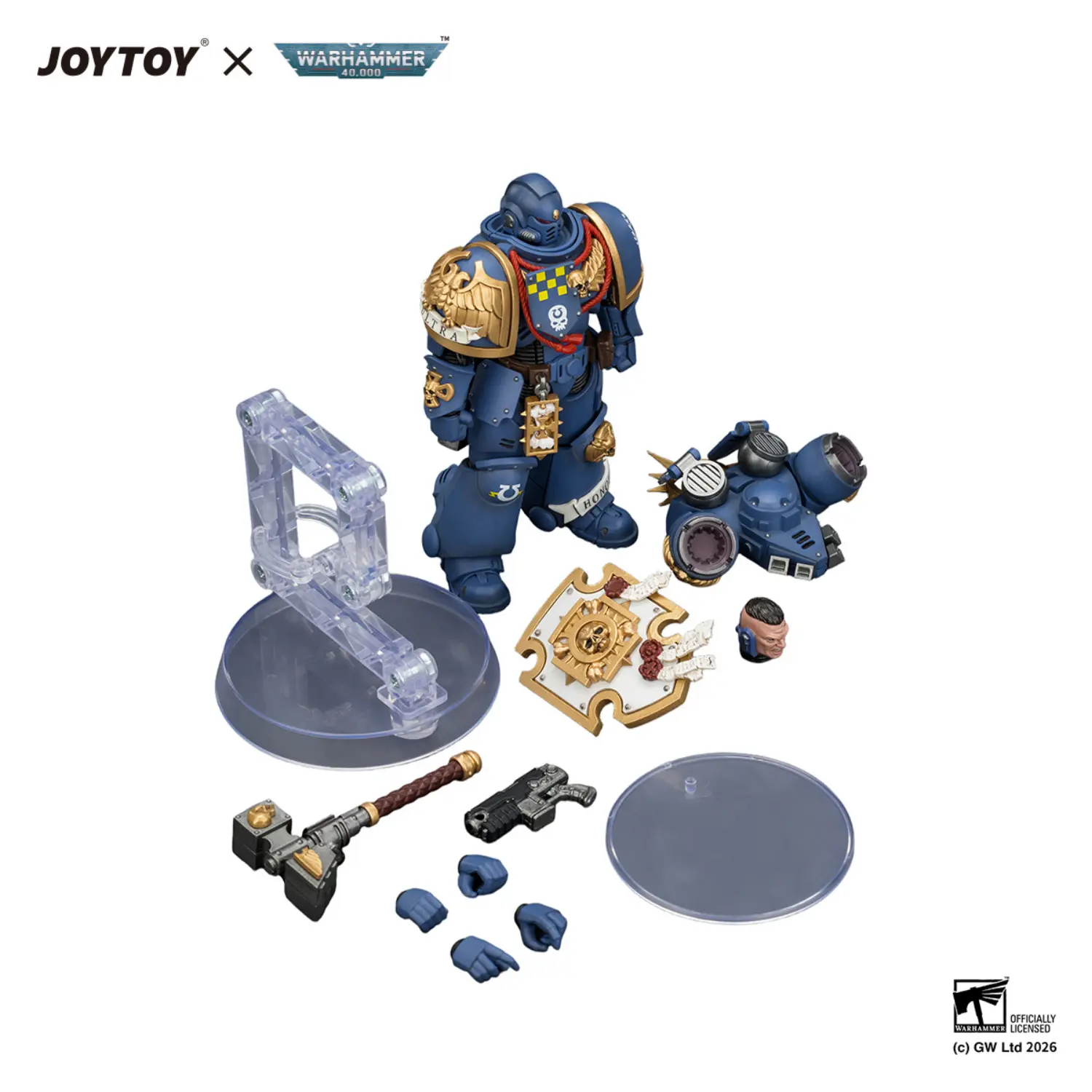the parts of Action Figure - Ultramarines Captain with Jump Pack and Relic Shield 1 18 - JOYTOY Warhammer 40K in white background The Parts Of Action Figure Ultramarines Captain With Jump Pack And Relic Shield 1 18 Joytoy Warhammer 40k In White Background