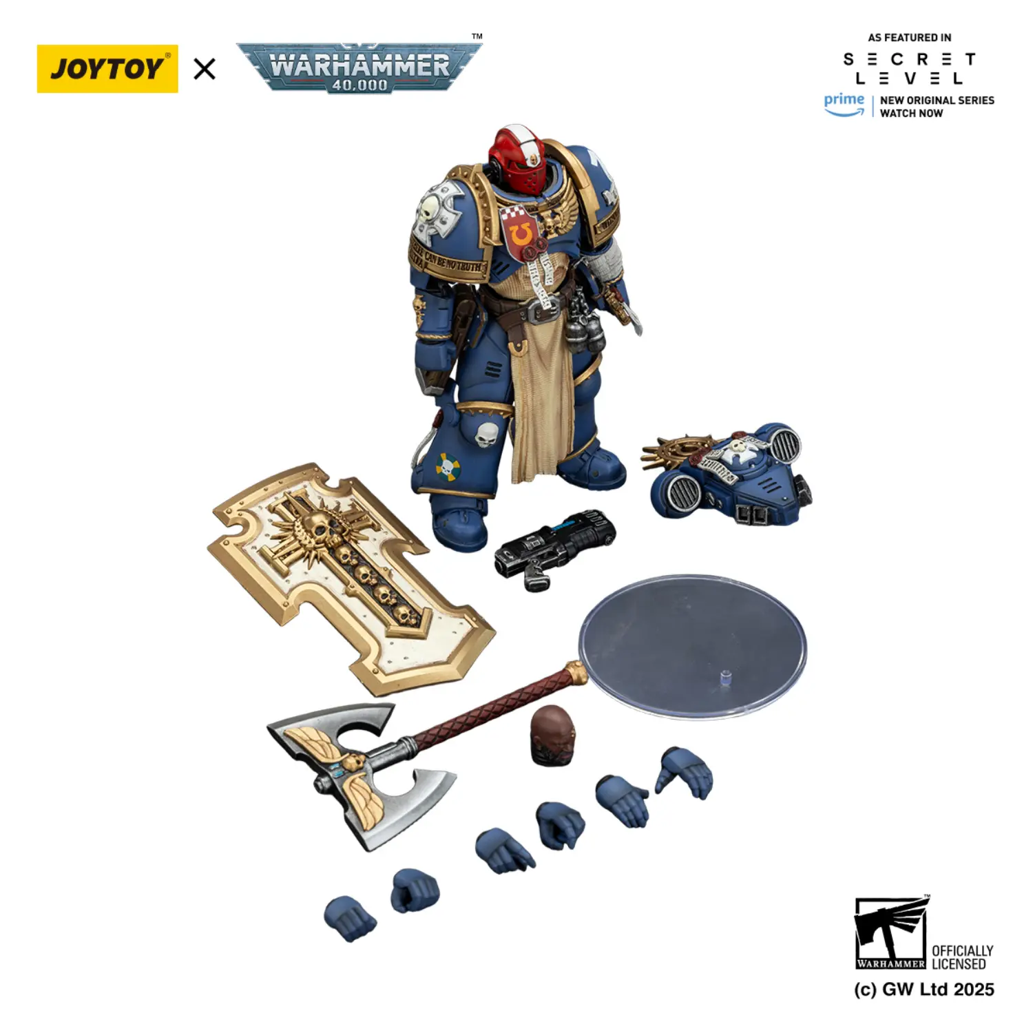 the parts of Action Figure - Ultramarines Metaurus with Power Axe, Stormshield and Plasma Pistol 1 18 - JOYTOY Warhammer 40K in white background The Parts Of Action Figure Ultramarines Metaurus With Power Axe, Stormshield And Plasma Pistol 1 18 Joytoy Warhammer 40k In White Background