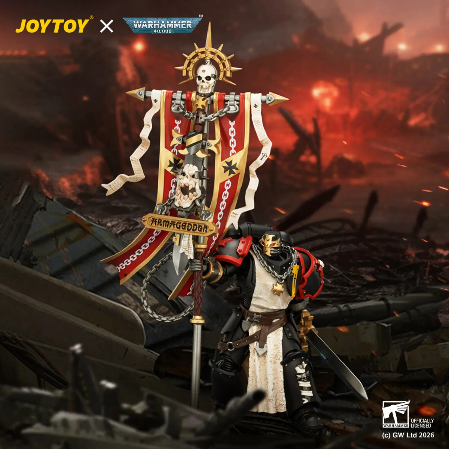 Action Figure - Black Templars Crusader Ancient with Power Sword and Bolt Pistol 1 18 - JOYTOY Warhammer 40K in dark red battlefield background Action Figure Black Templars Crusader Ancient With Power Sword And Bolt Pistol 1 18 Joytoy Warhammer 40k In Dark Red Battlefield Background