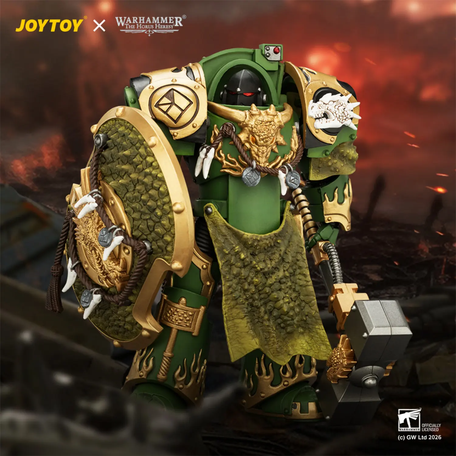 Action Figure Salamanders Firedrake Terminator 2 With Thunder Hammer And Dragonscale Storm Shield 1 18 Jotyoy Warhammer The Horus Heresy In Dark Red Battlefield Background