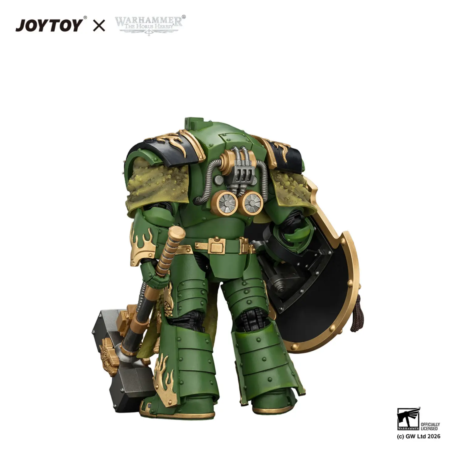 The Back Of Action Figure Salamanders Firedrake Terminator 2 With Thunder Hammer And Dragonscale Storm Shield 1 18 Jotyoy Warhammer The Horus Heresy In White Background