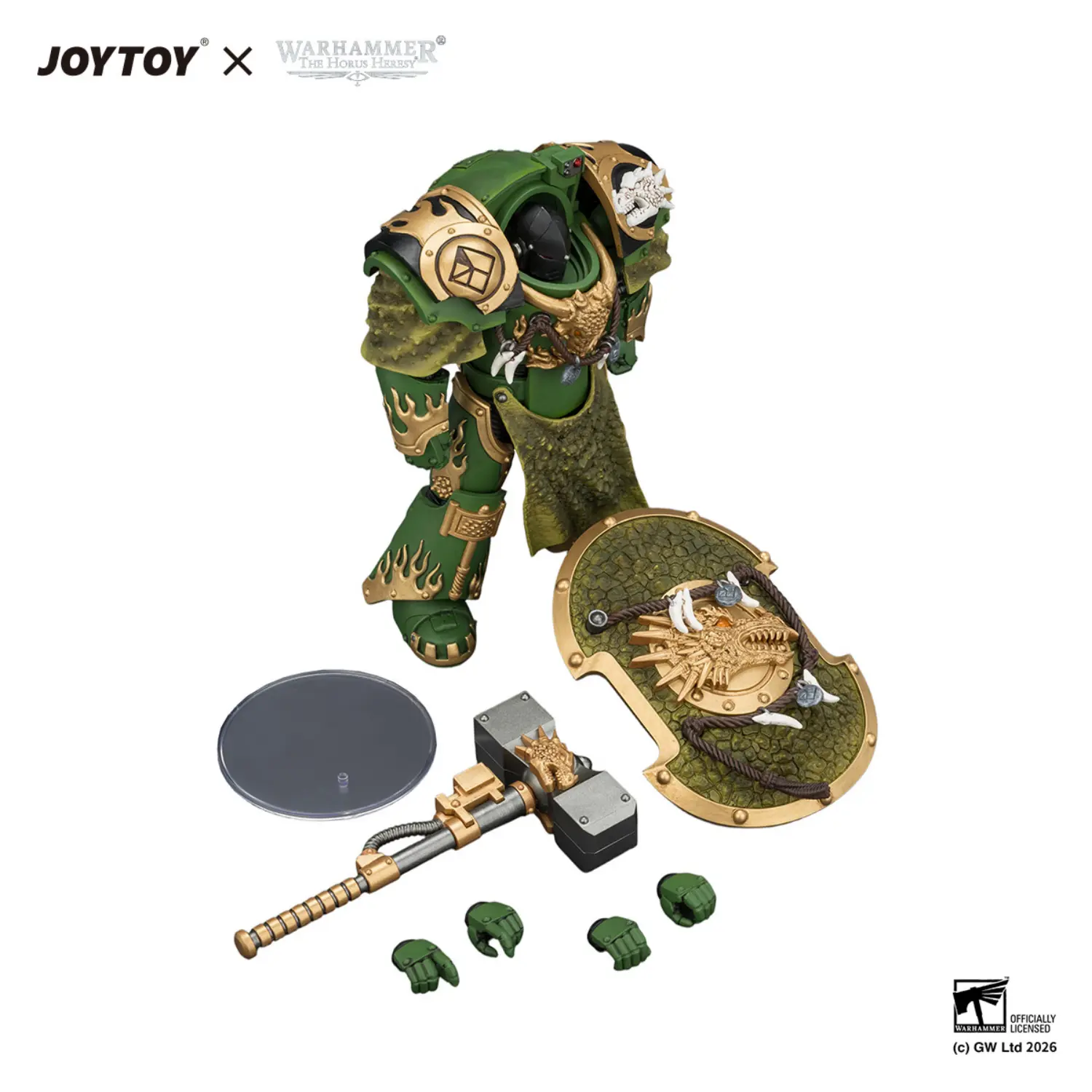 The Parts Of Action Figure Salamanders Firedrake Terminator 2 With Thunder Hammer And Dragonscale Storm Shield 1 18 Jotyoy Warhammer The Horus Heresy In White Background