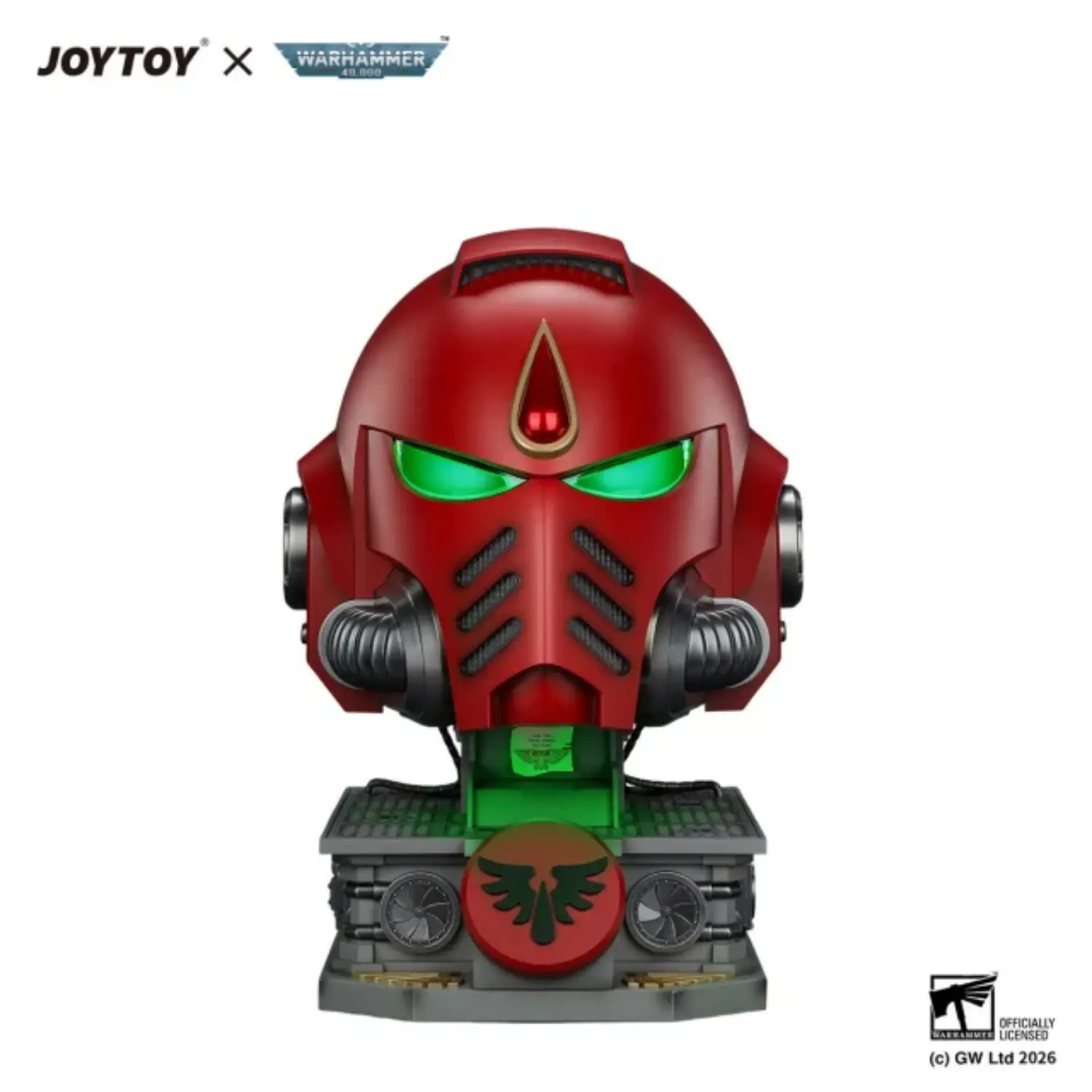 the front of Action Figure Helmet with lighting - Blood Angels MkX Helmet & Display Stand 1 1 Life-Size Wearable Replica - JOYTOY Warhammer 40K in white background The Front Of Action Figure Helmet With Lighting Blood Angels Mkx Helmet & Display Stand 1 1 Life Size Wearable Replica Joytoy Warhammer 40k In White Background