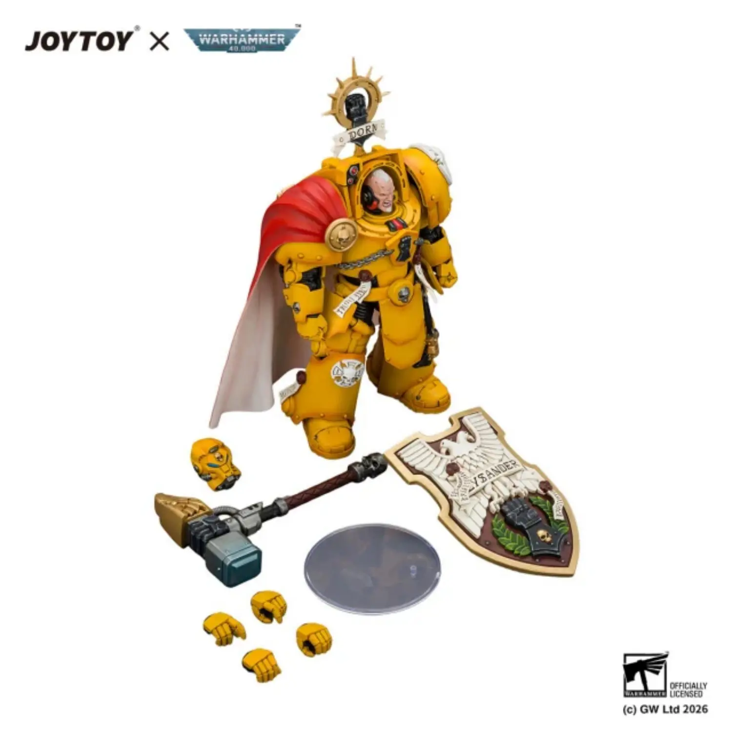 the parts of Action Figure - Imperial Fists Darnath Lysander with Thunder Hammer and Storm Shield 1 18 - JOYTOY Warhammer 40K in white background The Parts Of Action Figure Imperial Fists Darnath Lysander With Thunder Hammer And Storm Shield 1 18 Joytoy Warhammer 40k In White Background